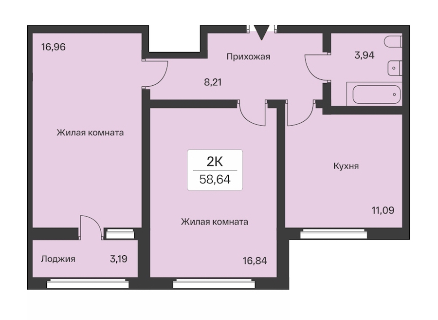 2-комнатная квартира 58.64 м², 5/9 эт., ЖК «Расцветай в Янино»